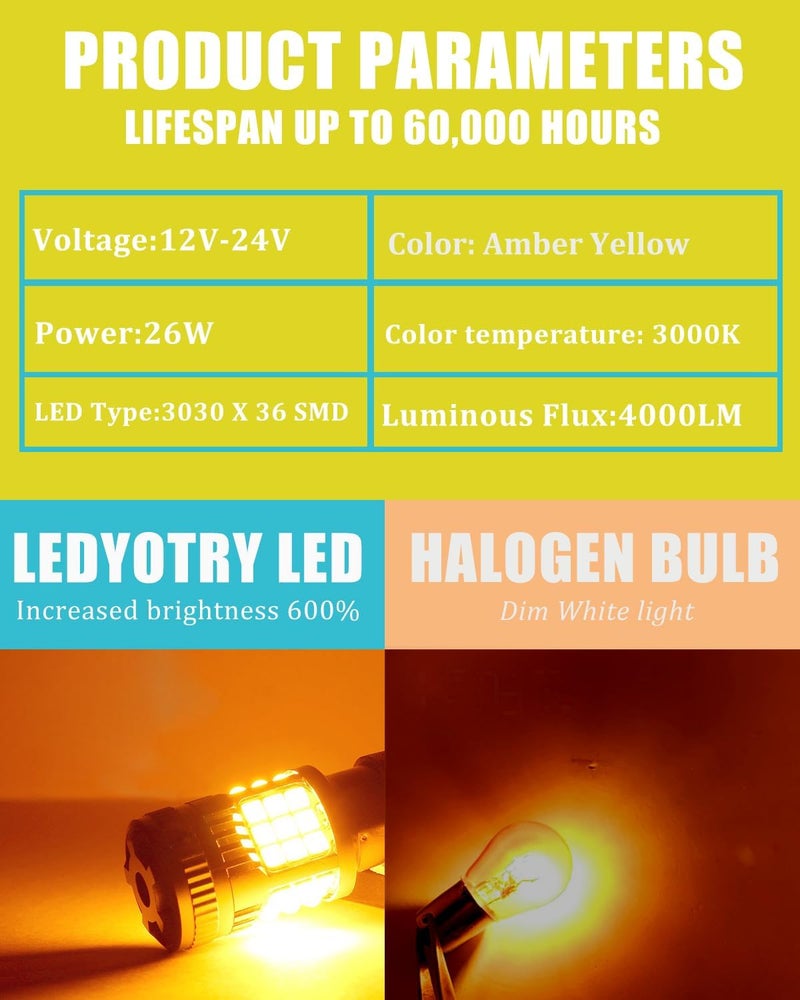 LEDYOTRY 1156 لمبات LED أمبر فائقة السطوع 4000LM ضوء إشارة الانعطاف مع مقاوم مدمج خالي من أخطاء CANBUS 7506 1156A 1003 1141 P21W BA15S لمبة للإشارة الأمامية والخلفية، مضادة للوميض المفرط (عبوة من 2) - Image 4